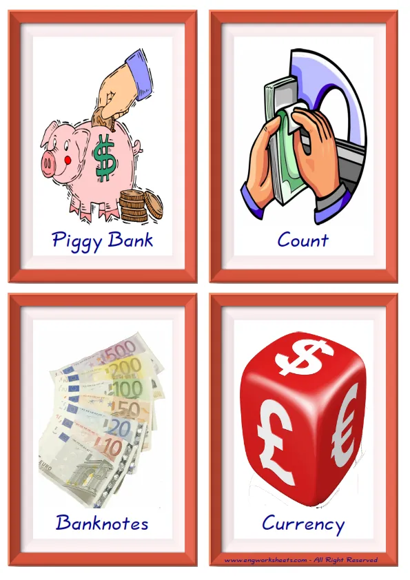 Quarter page ESL Flashcard together with words containing Money picture for kids and teachers.