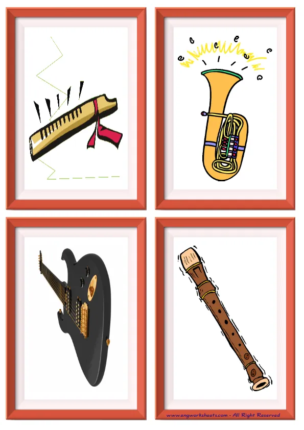 Quarter page ESL Flashcard without words containing Musical Instruments picture for kids and teachers. Worksheet Preview