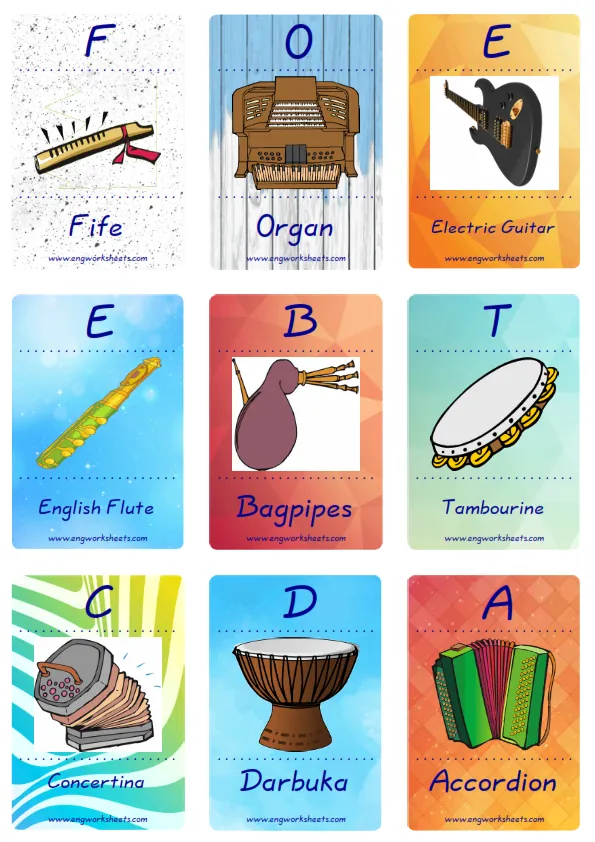 Mini size enjoyable ESL Flashcard Musical Instruments for kids and teachers. Worksheet Preview