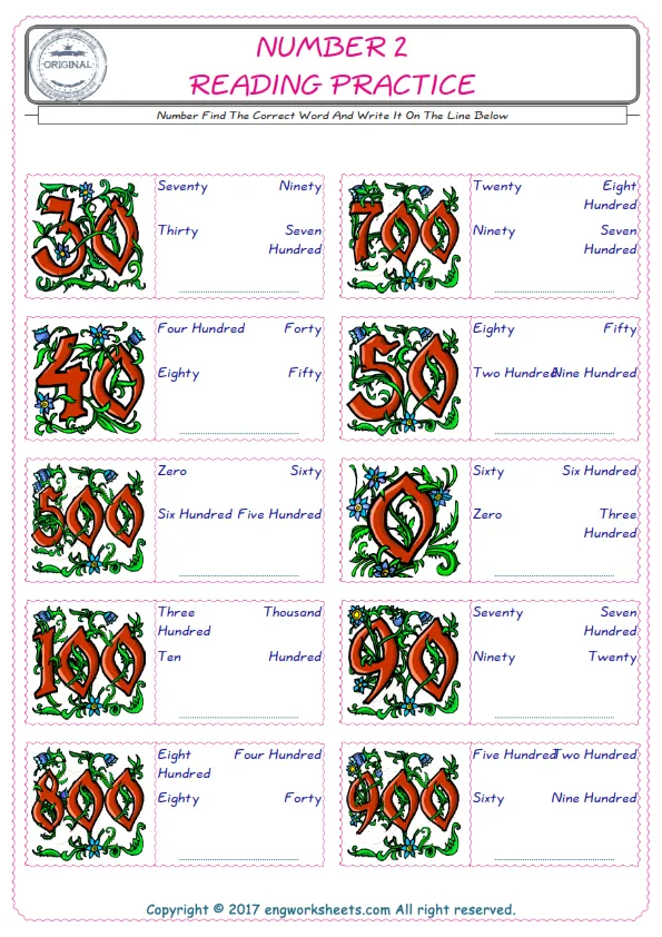 Check the picture of the Number for kids ESL worksheet for supplying the correct one among three words into the blank place. Worksheet Preview