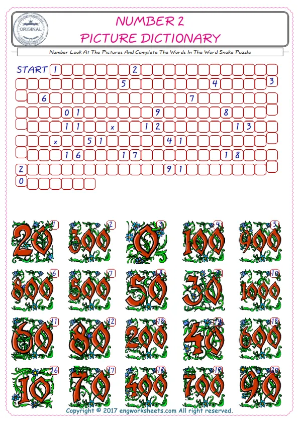 Check the Illustrations of Number english worksheets for kids, and Supply the Missing Words in the Word Snake Puzzle ESL play. Worksheet Preview