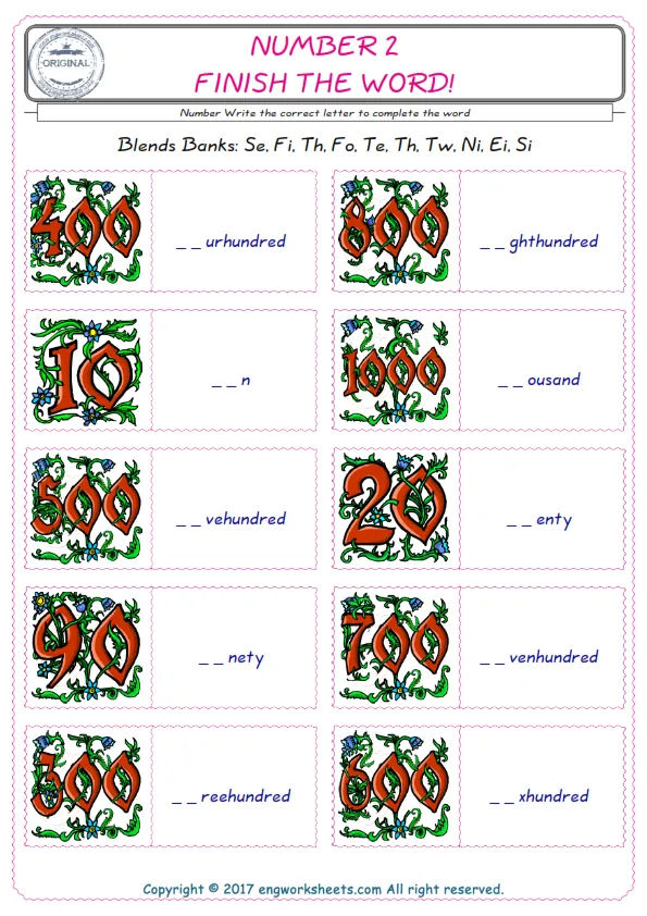 For kids, the Number English worksheet for supplying into the correct blank place given letters special to the Number Words. Worksheet Preview