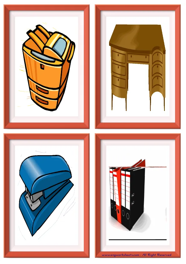 Quarter page ESL Flashcard without words containing Office picture for kids and teachers. Worksheet Preview