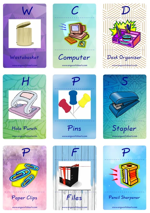 Mini size enjoyable ESL Flashcard Office for kids and teachers. Worksheet Preview