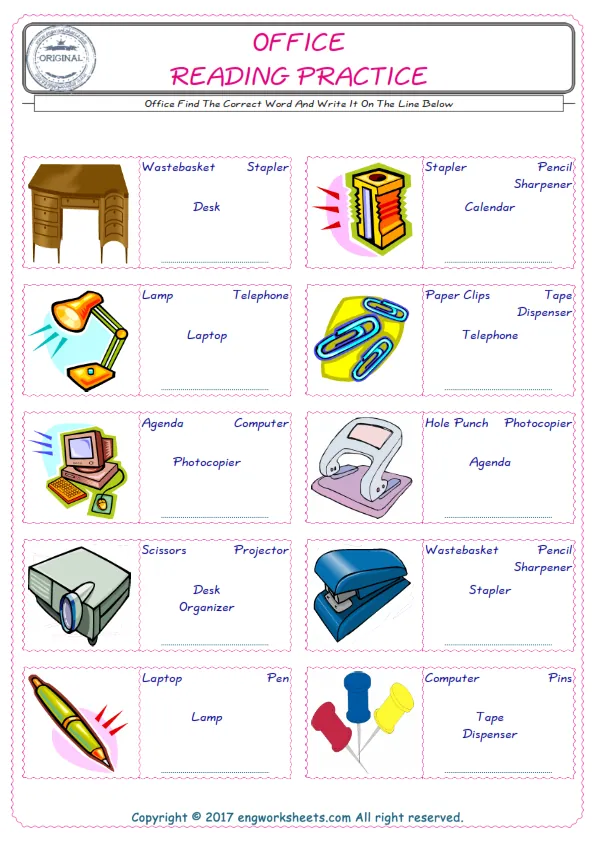 Check the picture of the Office for kids ESL worksheet for supplying the correct one among four words into the blank place. Worksheet Preview