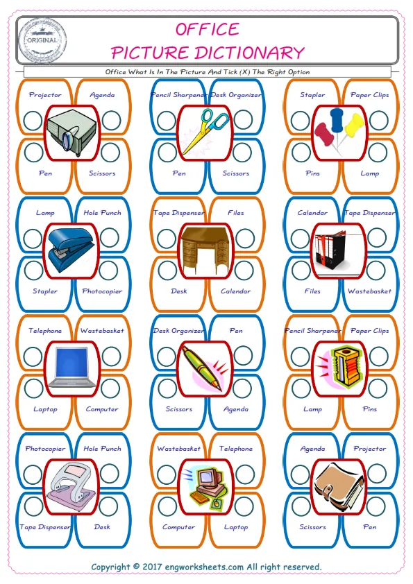 check the picture, mark the correct option amongst the given Office words English worksheet for kids Worksheet Preview