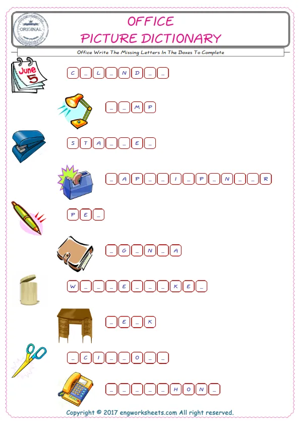 Type in the blank and learn the missing letters in the Office words given for kids English worksheet. Worksheet Preview