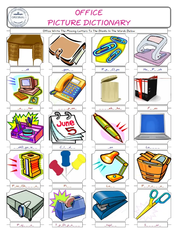 Office Words English worksheets For kids, the ESL Worksheet for finding and typing the missing letters of Office Words Worksheet Preview