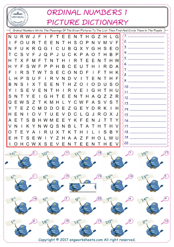 For kids, check the picture of Ordinal Numbers find, and write the word and find it in the word puzzle ESL printable worksheet. Worksheet Preview
