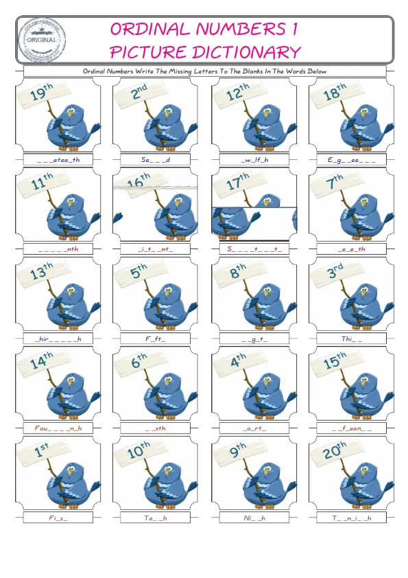 Ordinal Numbers Words English worksheets For kids, the ESL Worksheet for finding and typing the missing letters of Ordinal Numbers Words Worksheet Preview