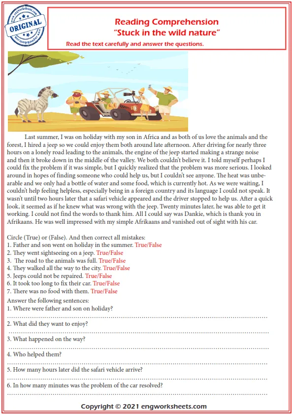 Reading Comprehension Worksheets - Stuck In The Wild Nature. Worksheet Preview