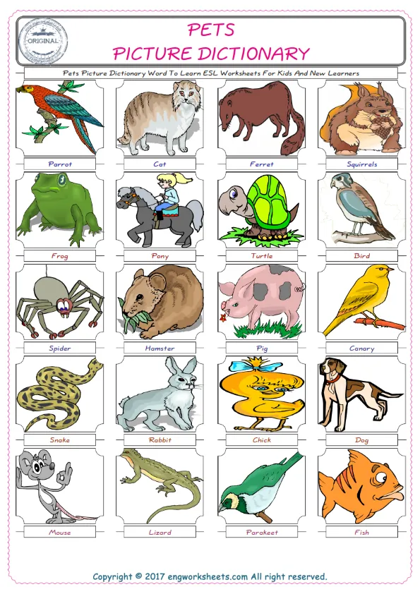 Pets English Worksheet for Kids ESL Printable Picture Dictionary Worksheet Preview