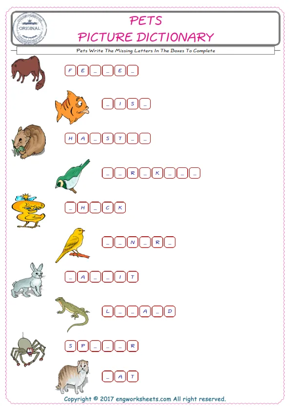 Type in the blank and learn the missing letters in the Pets words given for kids English worksheet. Worksheet Preview