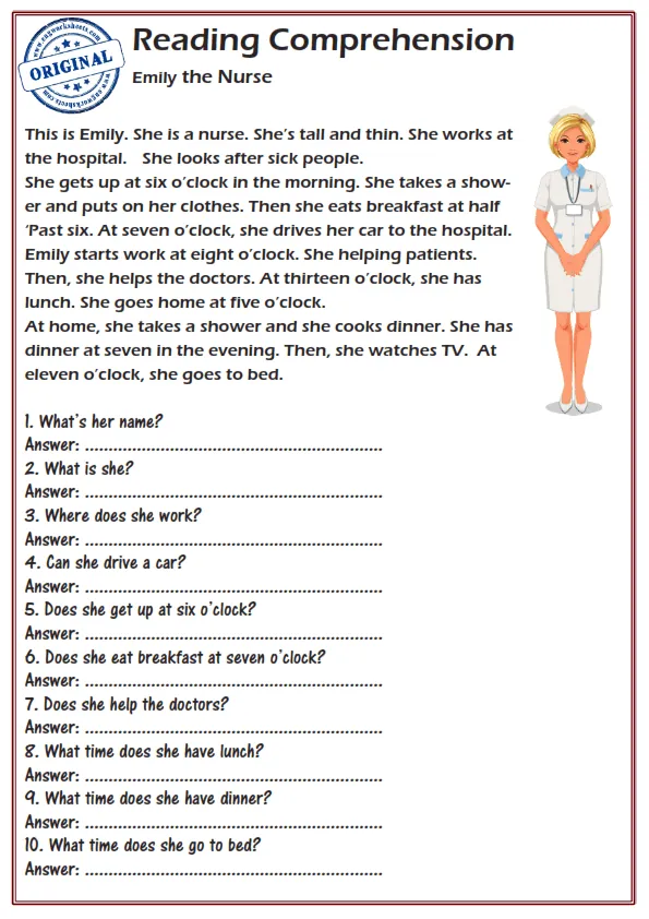 Reading Comprehension Worksheets - Emily the Nurse Worksheet Preview
