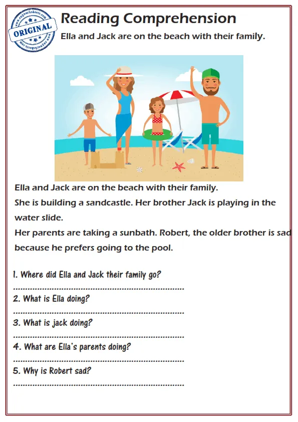 Reading Comprehension Worksheets - Ella and Jack are on the beach with their family. Worksheet Preview