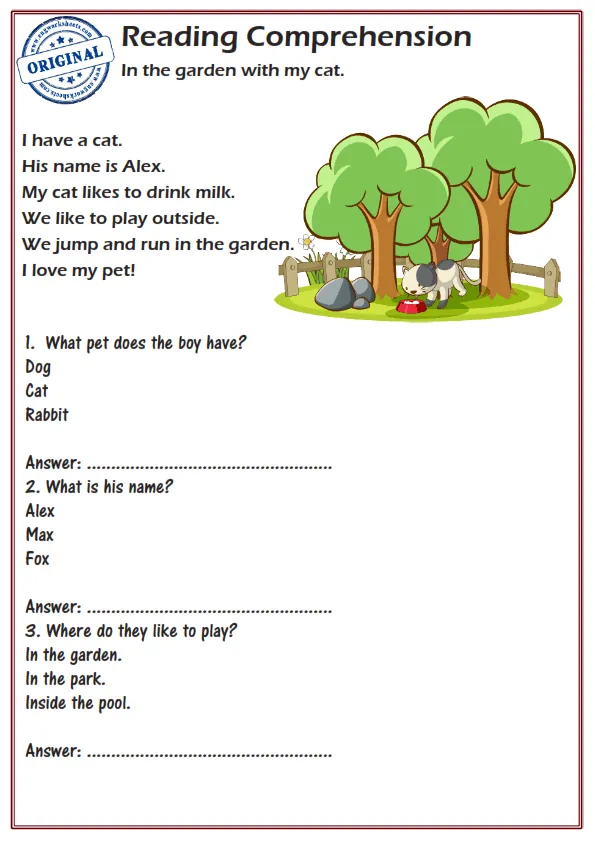 Reading Comprehension Worksheets - In the garden with my cat. Worksheet Preview