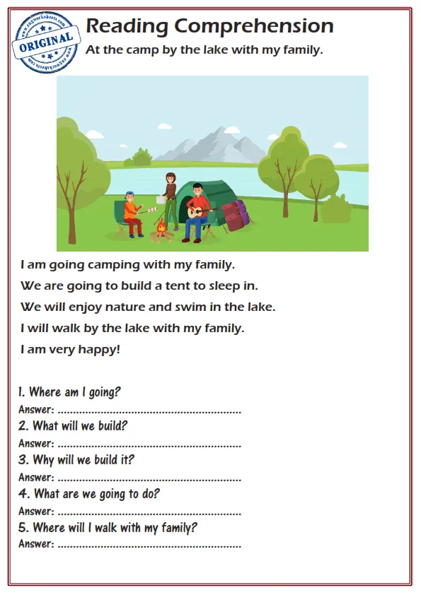 Reading Comprehension Worksheets - At the camp by the lake with my family. Worksheet Preview