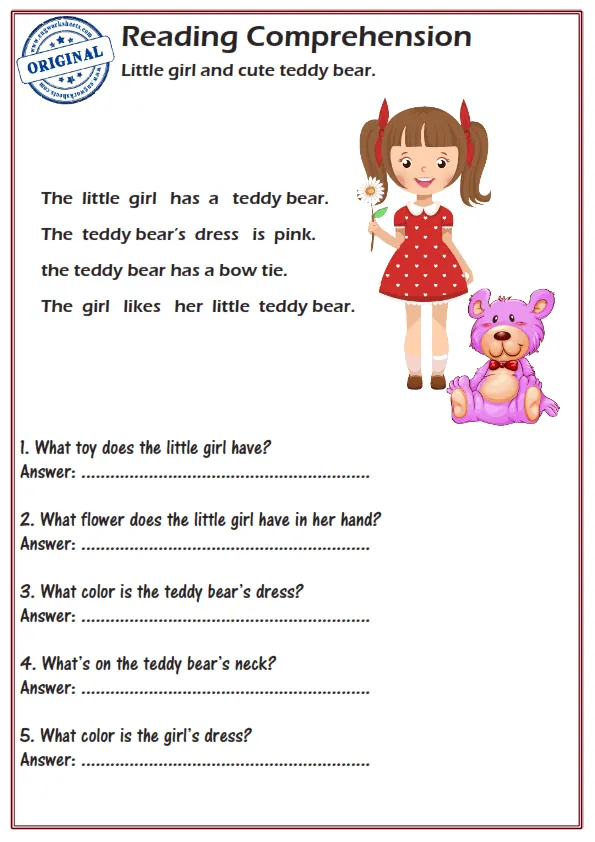 Reading Comprehension Worksheets - Little girl and cute teddy bear. Worksheet Preview