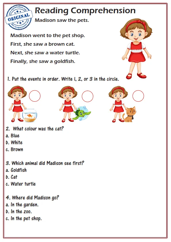 Reading Comprehension Worksheets - Madison saw the pets. Worksheet Preview