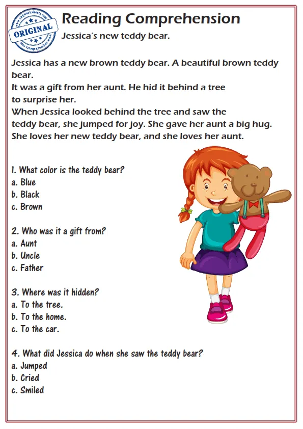 Reading Comprehension Worksheets - Jessica's new teddy bear. Worksheet Preview
