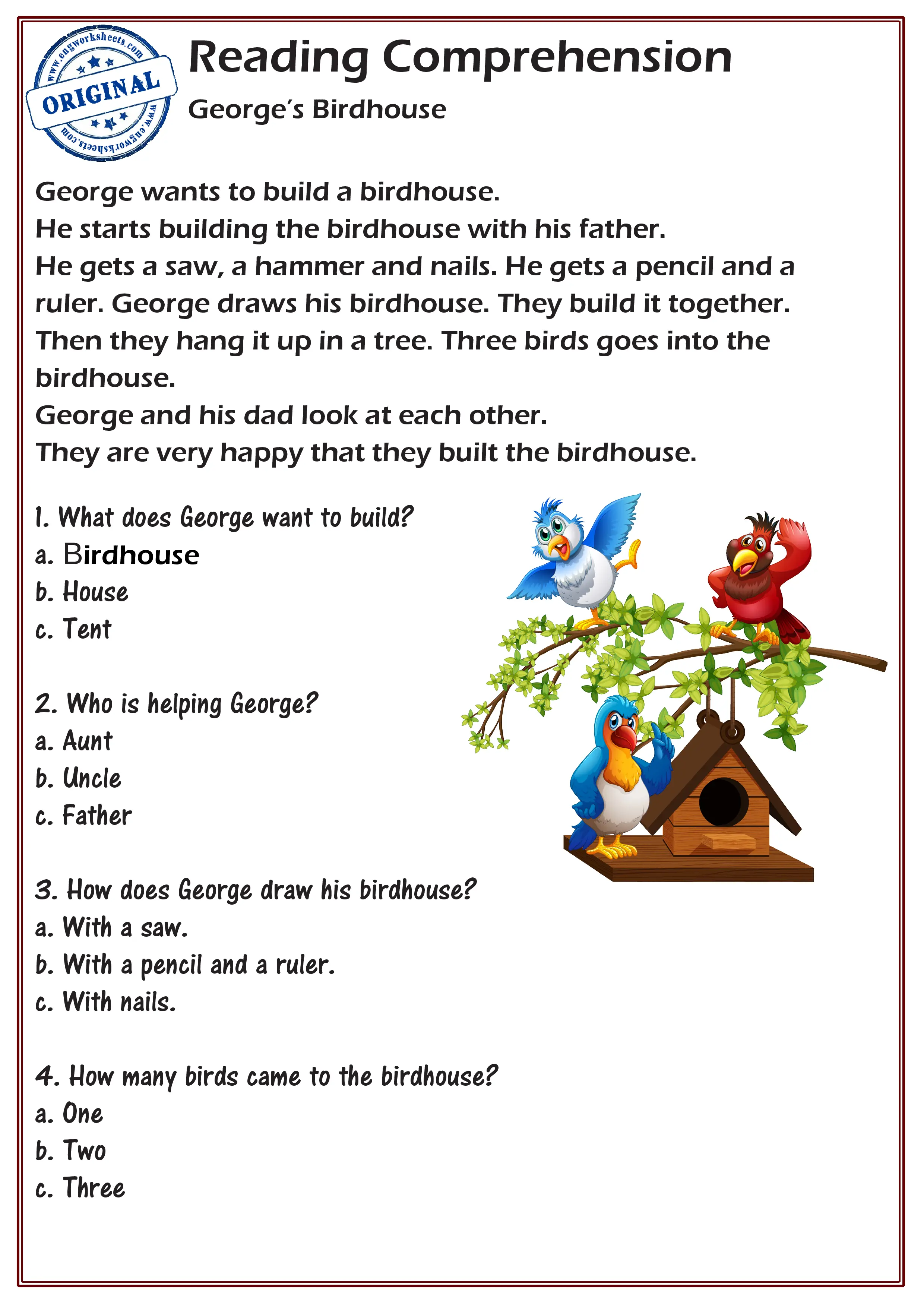 Reading Comprehension Worksheets - George's Birdhouse. Worksheet Preview