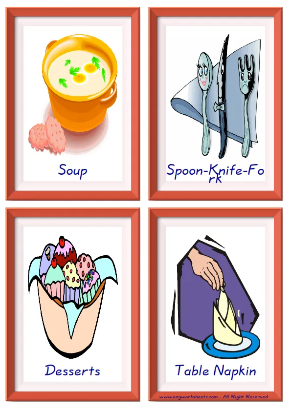 Quarter page ESL Flashcard together with words containing Restaurant picture for kids and teachers. Worksheet Preview