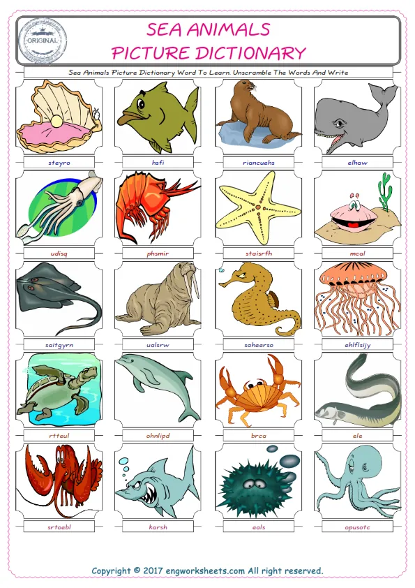 Sea Animals ESL Worksheets For kids, the exercise worksheet of finding the words given complexly and supplying the correct one. Worksheet Preview