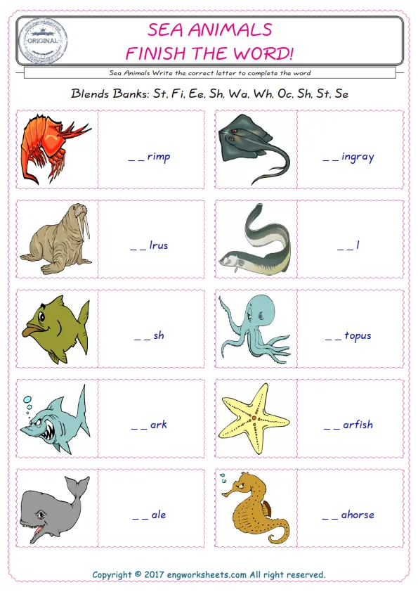 For kids, the Sea Animals English worksheet for supplying into the correct blank place given letters special to the Sea Animals Words. Worksheet Preview
