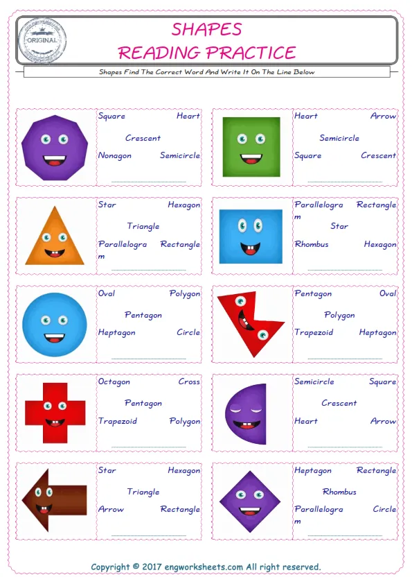 Check the picture of the Shapes for kids ESL worksheet for supplying the correct one among five words into the blank place. Worksheet Preview