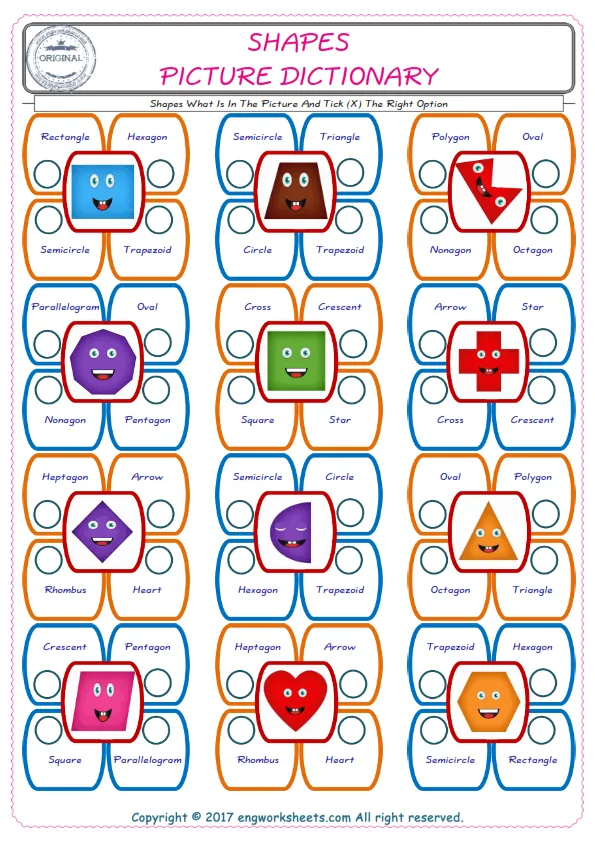 check the picture, mark the correct option amongst the given Shapes words English worksheet for kids Worksheet Preview