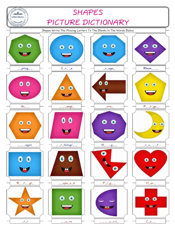 Shapes Words English worksheets For kids, the ESL Worksheet for finding and typing the missing letters of Shapes Words Worksheet Preview