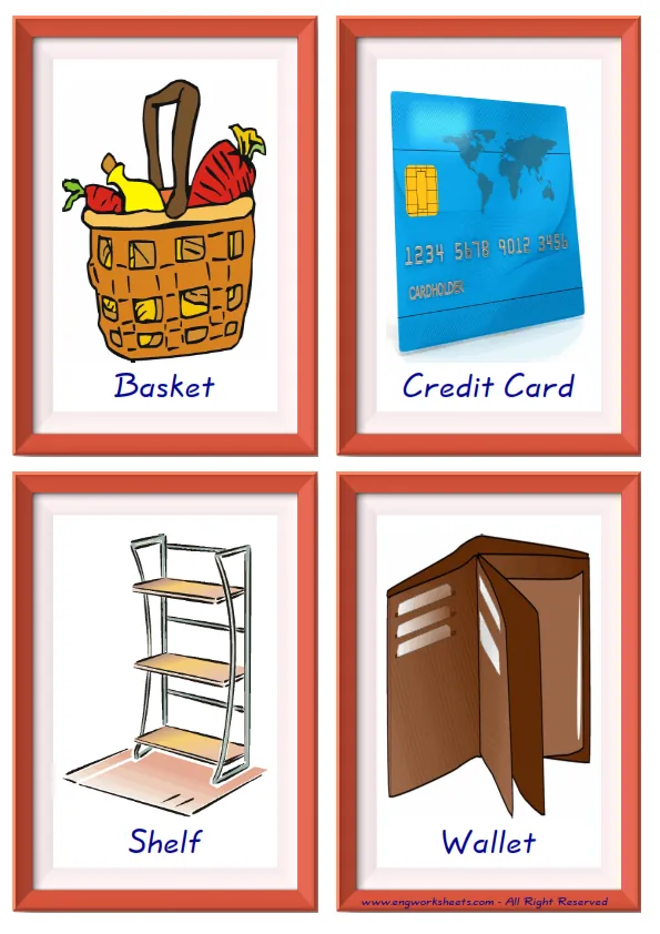 Quarter page ESL Flashcard together with words containing Shopping picture for kids and teachers. Worksheet Preview