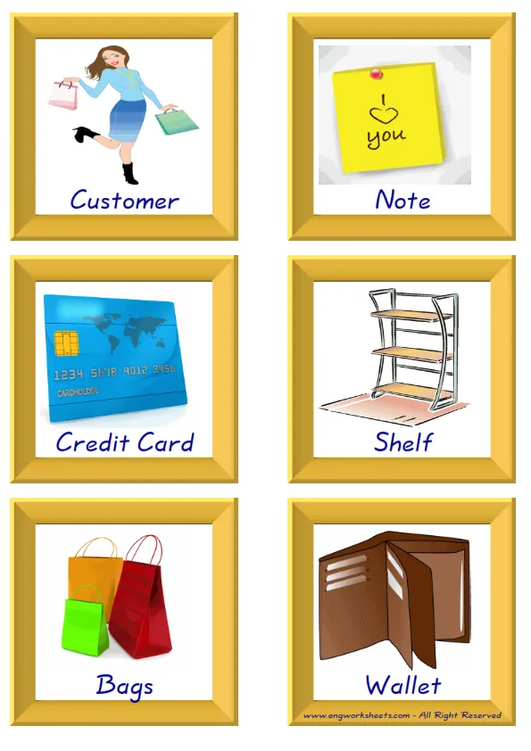 ESL Flashcard together with words containing Shopping picture for kids and teachers. Worksheet Preview