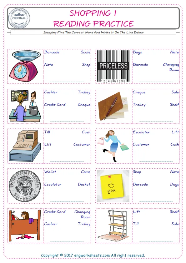 Check the picture of the Shopping for kids ESL worksheet for supplying the correct one among three words into the blank place. Worksheet Preview
