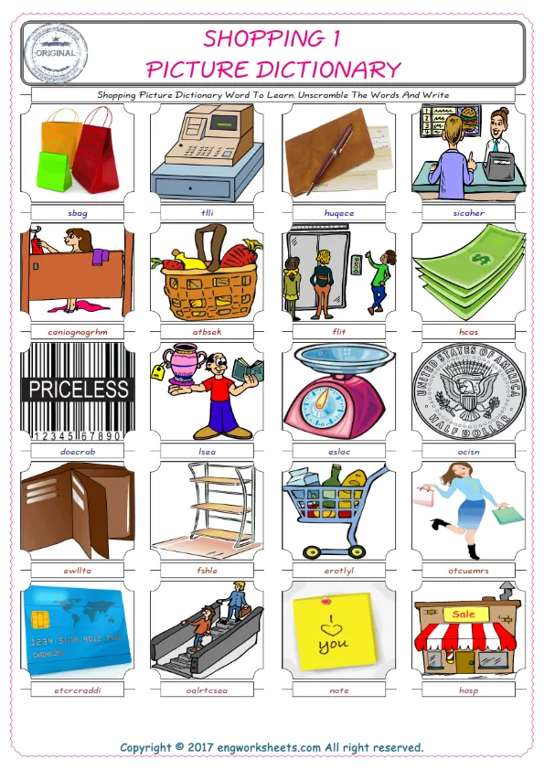Shopping ESL Worksheets For kids, the exercise worksheet of finding the words given complexly and supplying the correct one. Worksheet Preview