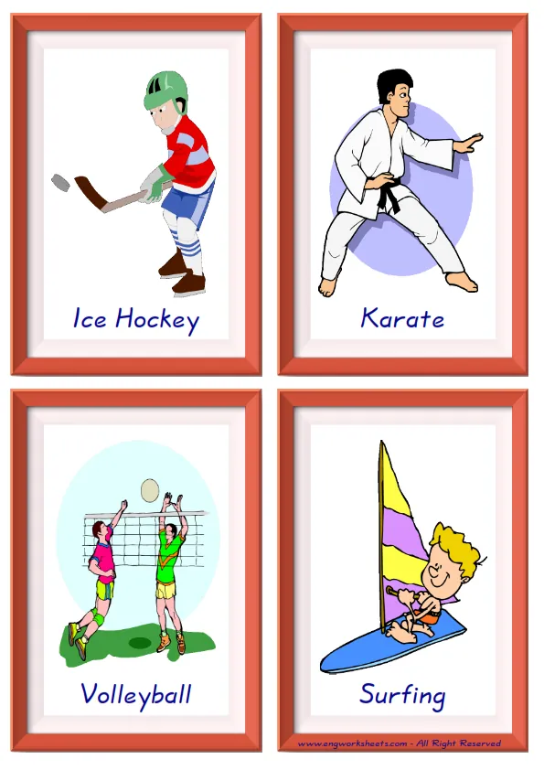 Quarter page ESL Flashcard together with words containing Sports picture for kids and teachers.