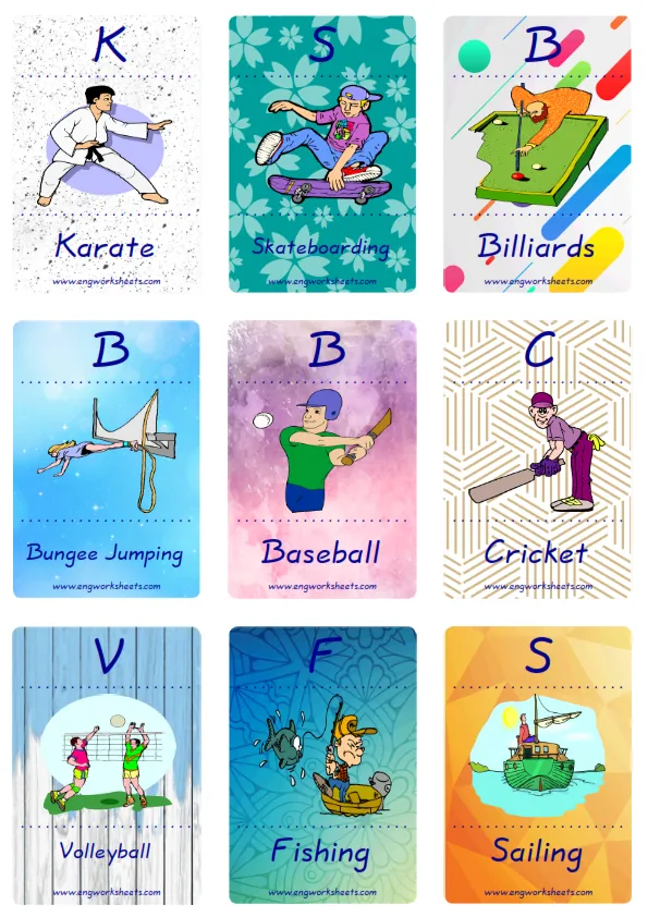 Mini size enjoyable ESL Flashcard Sports for kids and teachers.