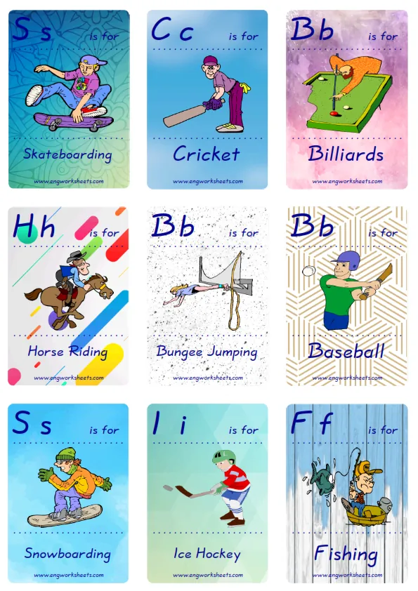 Mini size ESL Flashcard Sports for kids and teachers.