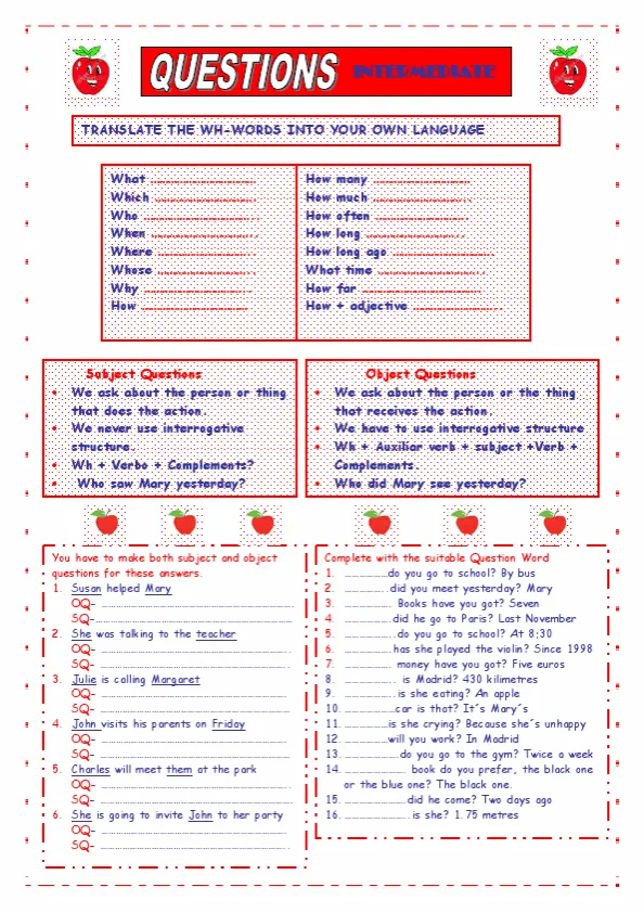Questions Words Intermediate Worksheet Preview