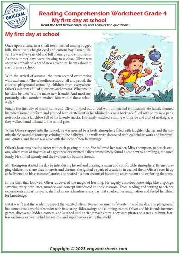 Reading Comprehension Worksheets - Reading Comprehension Worksheet Grade 4 My First Day At School. Worksheet Preview