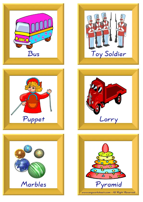 ESL Flashcard together with words containing Toys picture for kids and teachers.