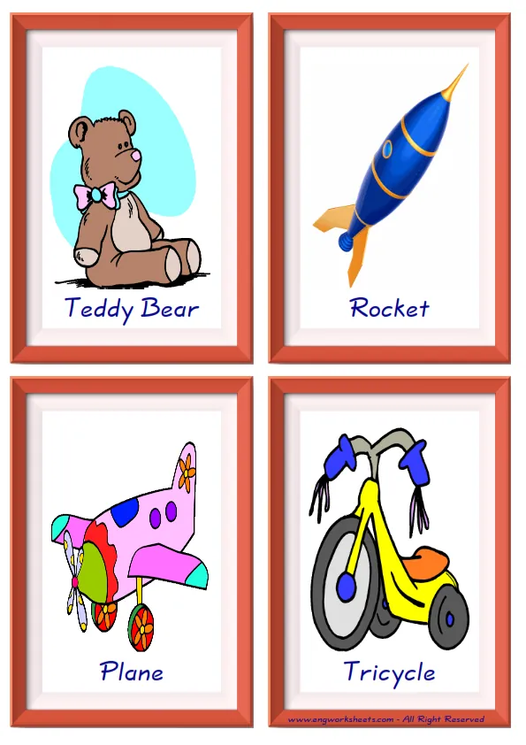 Quarter page ESL Flashcard together with words containing Toys picture for kids and teachers. Worksheet Preview