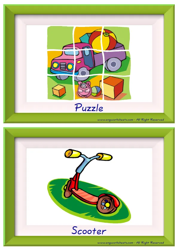 Half page ESL Flashcard together with words containing Toys picture for kids and teachers.