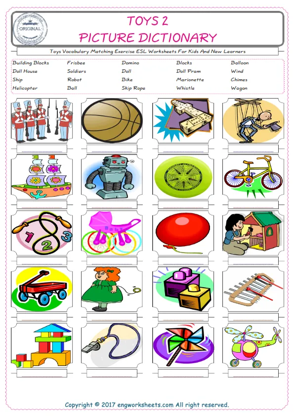 Toys for Kids ESL Word Matching English Exercise Worksheet. Worksheet Preview