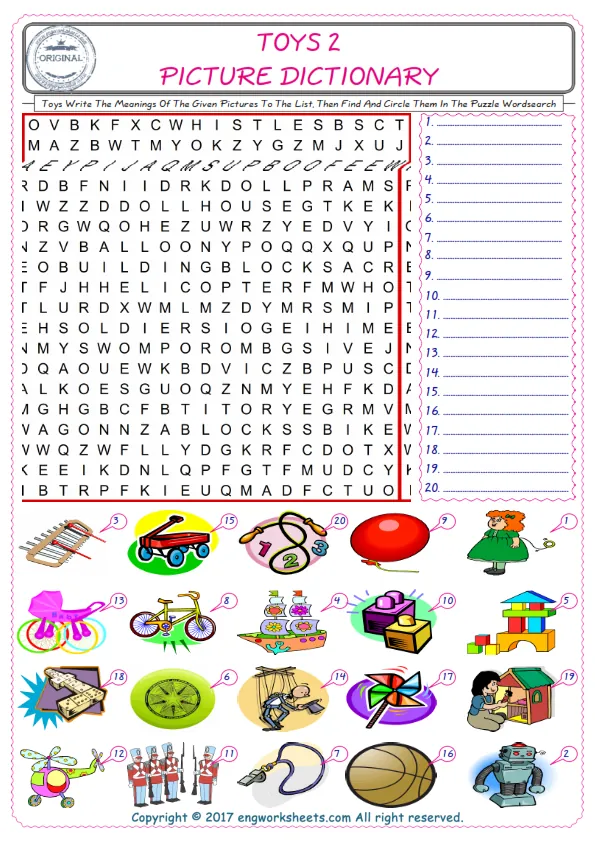 For kids, check the picture of Toys find, and write the word and find it in the word puzzle ESL printable worksheet. Worksheet Preview