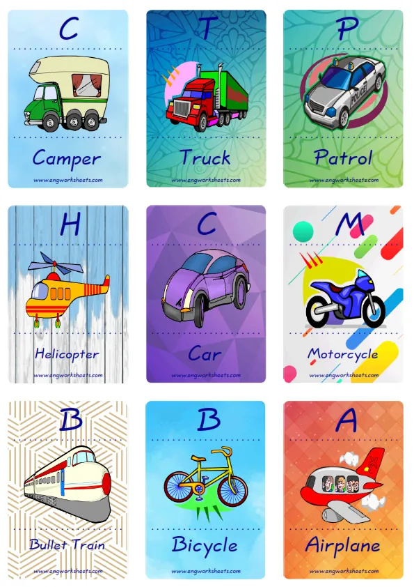 Mini size enjoyable ESL Flashcard Transportation for kids and teachers. Worksheet Preview