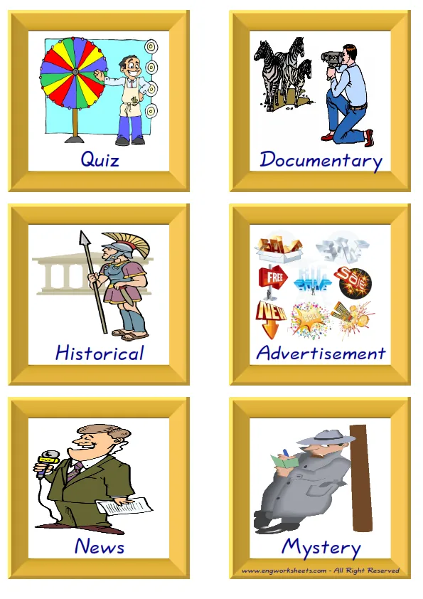 ESL Flashcard together with words containing Tv Programmes picture for kids and teachers. Worksheet Preview