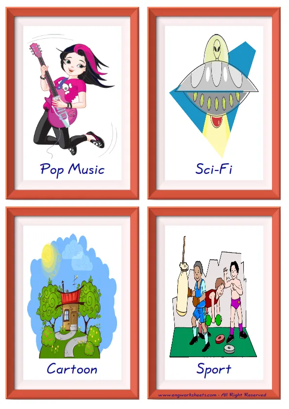 Quarter page ESL Flashcard together with words containing Tv Programmes picture for kids and teachers. Worksheet Preview