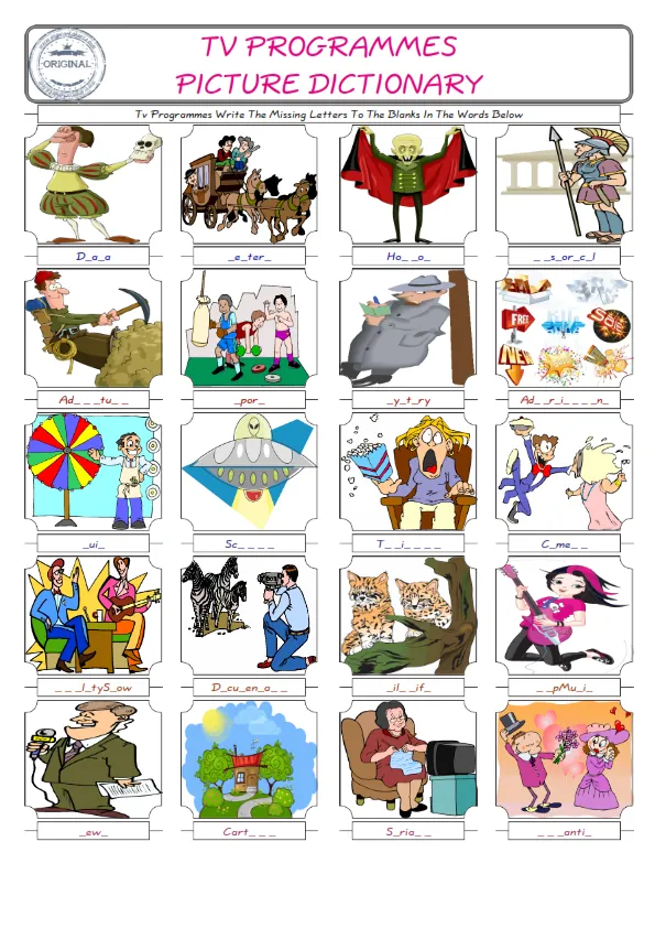 Tv Programmes Words English worksheets For kids, the ESL Worksheet for finding and typing the missing letters of Tv Programmes Words Worksheet Preview