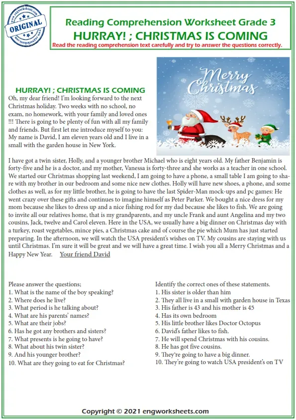 Reading Comprehension Worksheets - Christmas Reading Comprehension. Worksheet Preview